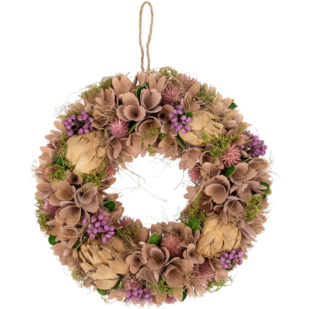 Specialty Wreaths | 12" Purple and Beige Wooden Floral Spring Wreath with Preserved Artichoke Specialty Wreaths Specialty Wreaths