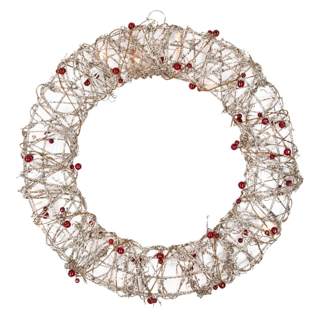 Specialty Wreaths | 18" Pre-Lit Champagne Gold Glittered Rattan Berry Artificial Christmas Wreath – Clear Lights Pre-Lit Wreaths Pre-Lit Wreaths