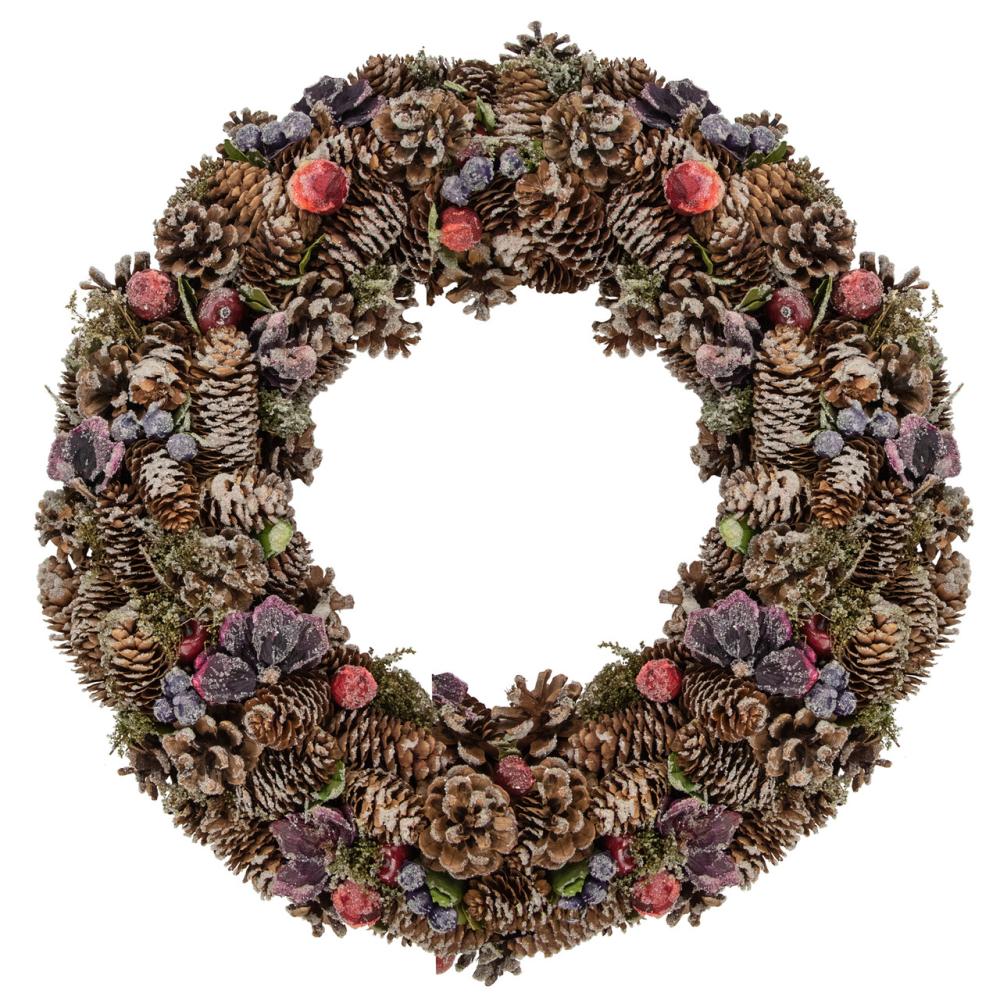 Specialty Wreaths | 20" Sugared Purple Flowers and Pine Cones Artificial Christmas Wreath – Unlit Specialty Wreaths Specialty Wreaths