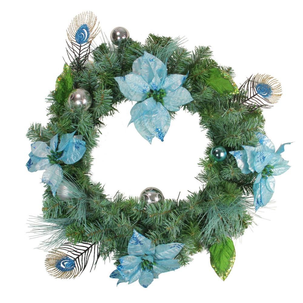 Specialty Wreaths | 24" Peacock Poinsettia Artificial Christmas Wreath – Unlit Specialty Wreaths Specialty Wreaths