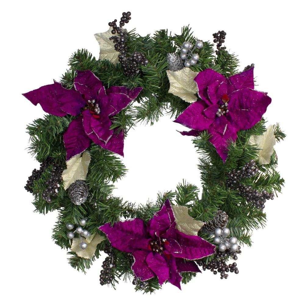 Specialty Wreaths | 24" Purple Poinsettia and Silver Pine Cone Artificial Christmas Wreath – Unlit Specialty Wreaths Specialty Wreaths