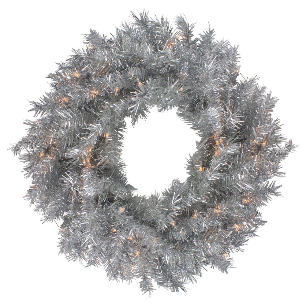 Specialty Wreaths | 24" Silver Tinsel Artificial Christmas Wreath, Clear Lights Pre-Lit Wreaths Pre-Lit Wreaths