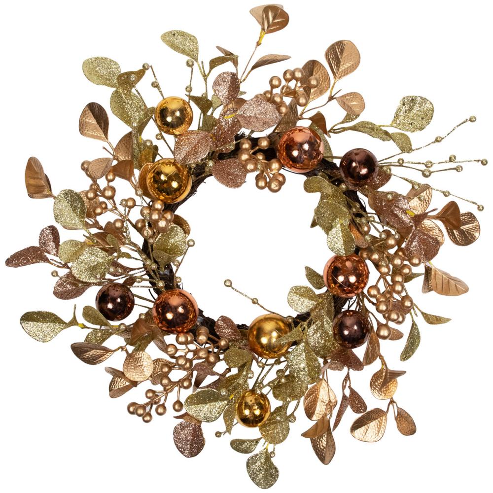 Specialty Wreaths | Ball Ornament Glittered Artificial Christmas Wreath – 24" – Gold and Copper Tone Specialty Wreaths Specialty Wreaths