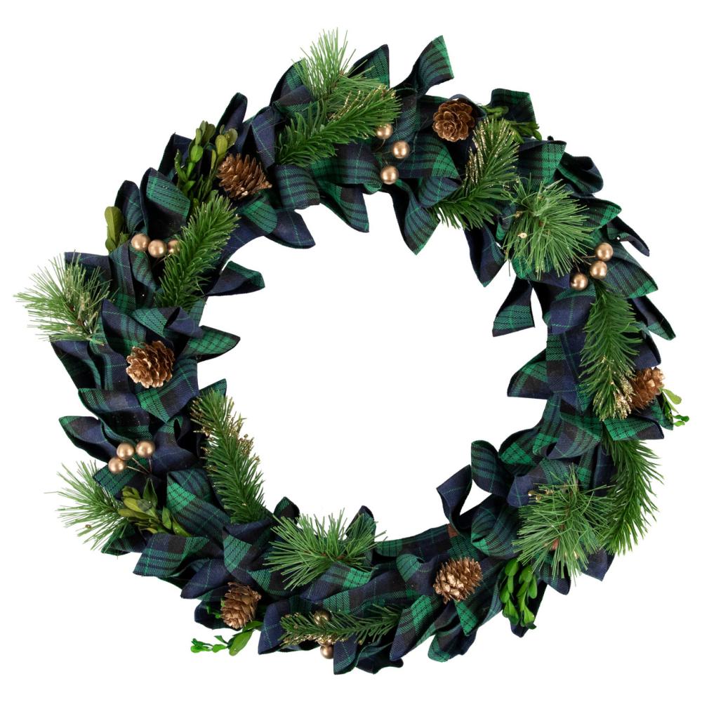 Specialty Wreaths | Blue and Green Plaid Bow Artificial Pine Christmas Wreath, 17.75-Inch, Unlit Specialty Wreaths Specialty Wreaths