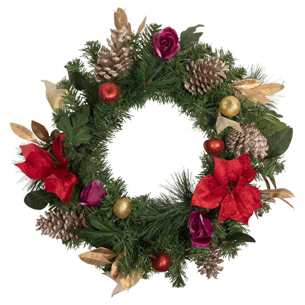 Specialty Wreaths | Decorated Red Poinsettia and Rose Artificial Christmas Wreath, 24-inch, Unlit Specialty Wreaths Specialty Wreaths