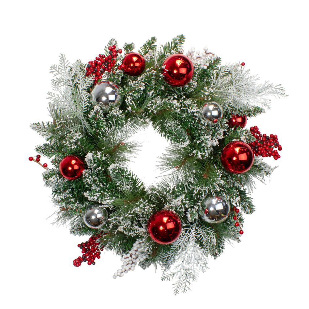 Specialty Wreaths | Flocked Mixed Pine with Ornaments and Berries Artificial Christmas Wreath, 24-Inch, Unlit Frosted, Flocked, Iced Wreaths Frosted, Flocked, Iced Wreaths