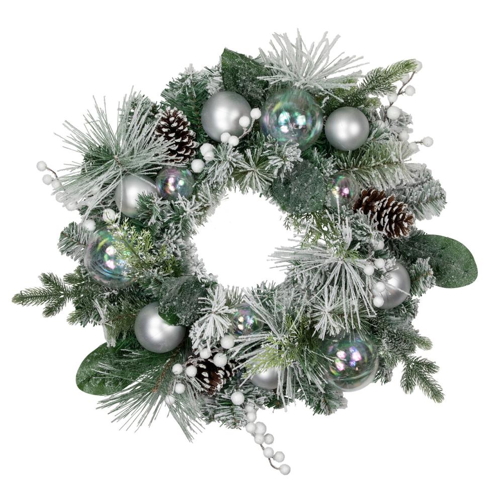 Specialty Wreaths | Flocked Pine Artificial Christmas Wreath with Iridescent Ornaments, 24-Inch, Unlit Frosted, Flocked, Iced Wreaths Frosted, Flocked, Iced Wreaths