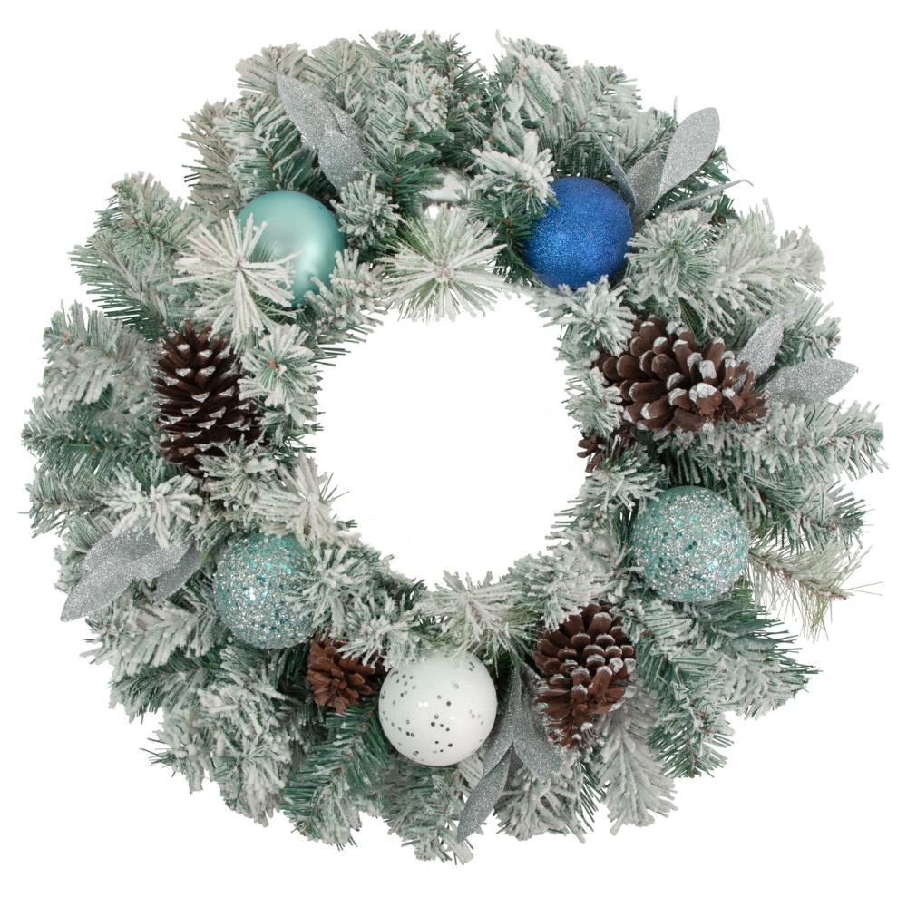 Specialty Wreaths | Flocked Pine with Blue and Silver Ornaments Artificial Christmas Wreath, 24-Inch, Unlit Specialty Wreaths Specialty Wreaths