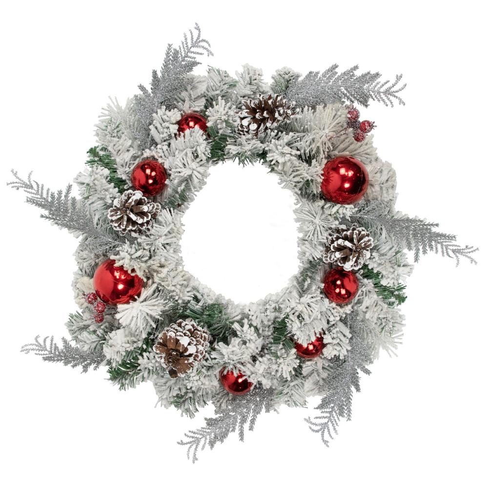 Specialty Wreaths | Flocked Pine with Red Ornaments Artificial Christmas Wreath, 24-Inch, Unlit Frosted, Flocked, Iced Wreaths Frosted, Flocked, Iced Wreaths