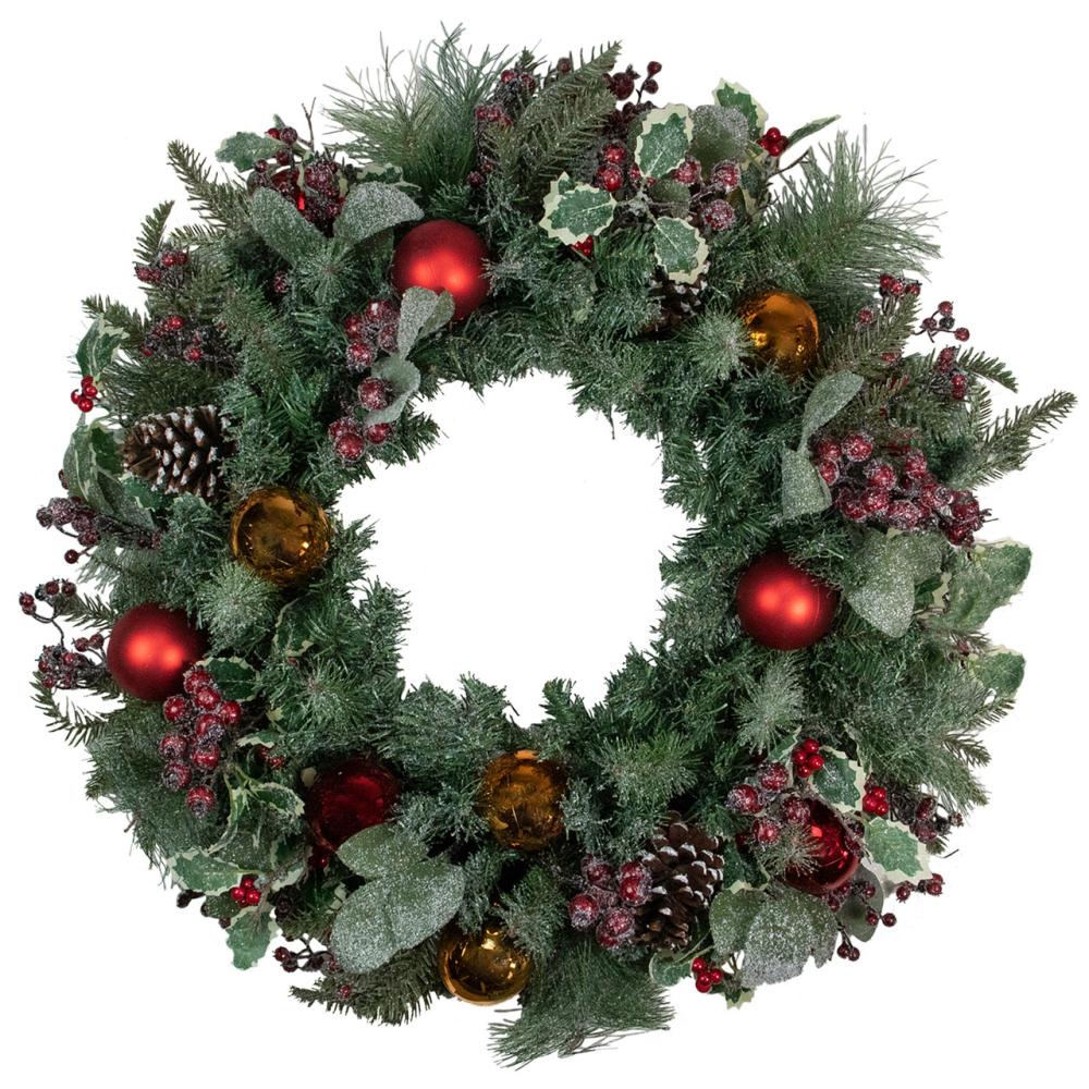 Specialty Wreaths | Frosted Long Needle Pine and Ornaments Artificial Christmas Wreath, 32-Inch Specialty Wreaths Specialty Wreaths