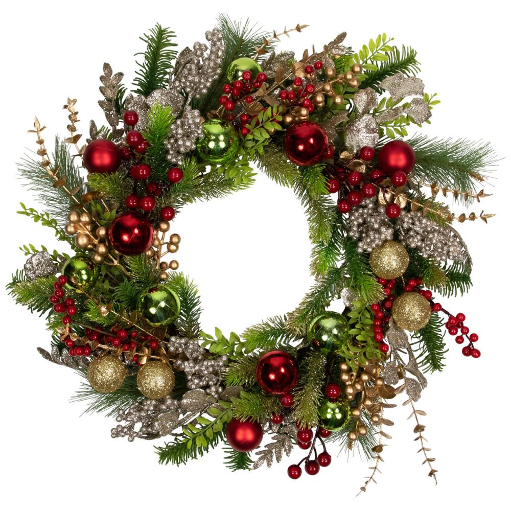 Specialty Wreaths | Glittered Ornaments and Berries Christmas Wreath – 24" – Green and Gold Specialty Wreaths Specialty Wreaths