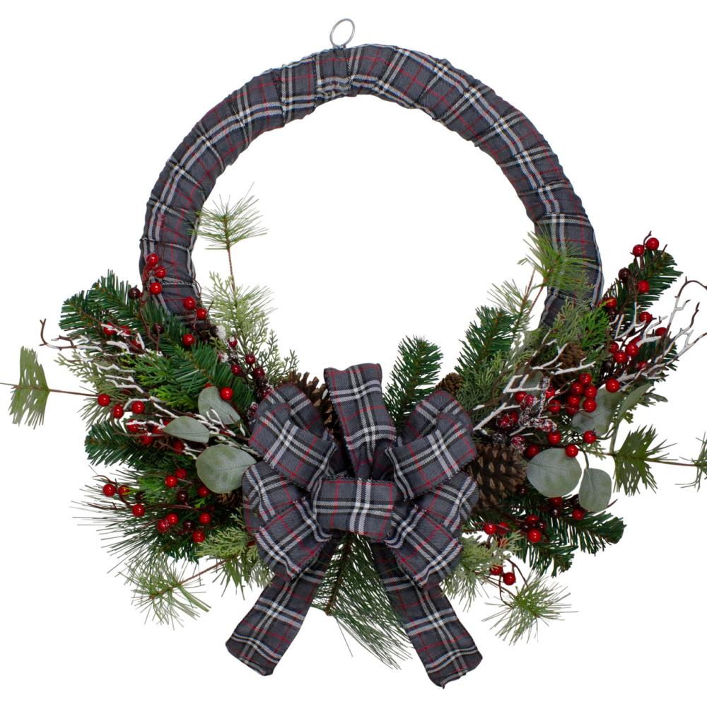 Specialty Wreaths | Gray and Red Plaid Artificial Christmas Wreath with Red Berries – 24-Inch, Unlit Specialty Wreaths Specialty Wreaths