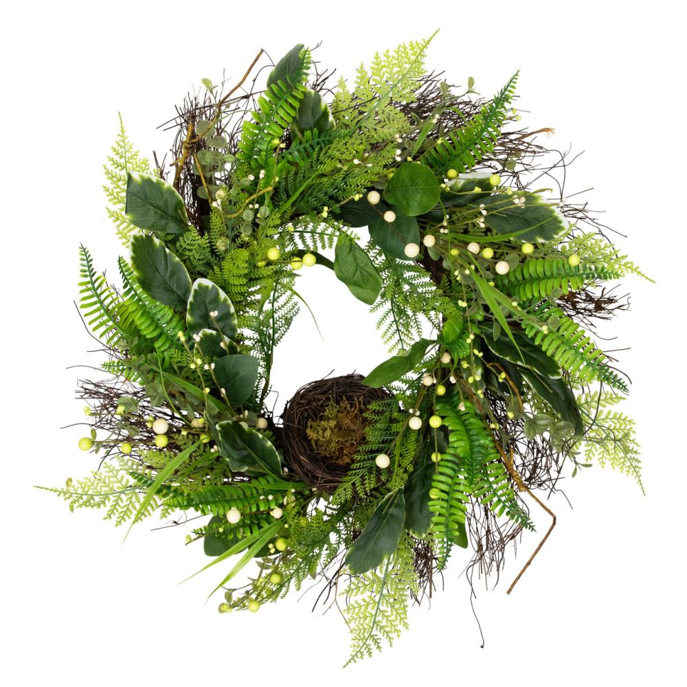 Specialty Wreaths | Green and Brown Foliage Artificial Spring Wreath with Nest – 24" – Unlit Specialty Wreaths Specialty Wreaths