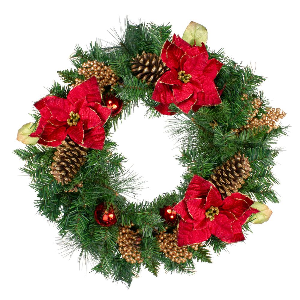 Specialty Wreaths | Green Pine and Poinsettias Artificial Christmas Wreath – 24-Inch, Unlit Specialty Wreaths Specialty Wreaths