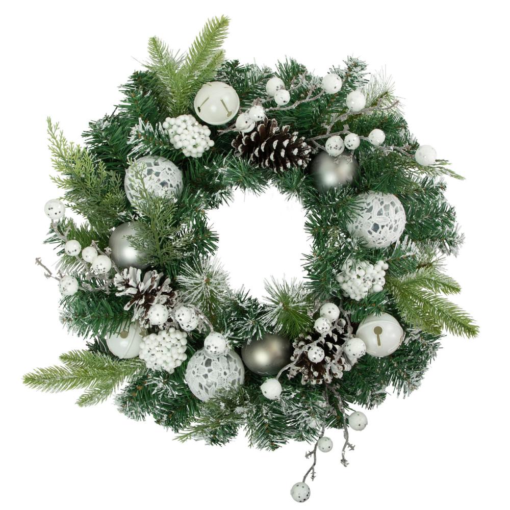 Specialty Wreaths | Green Pine Frosted Artificial Christmas Wreath with Laced Ornaments, 24-Inch, Unlit Specialty Wreaths Specialty Wreaths