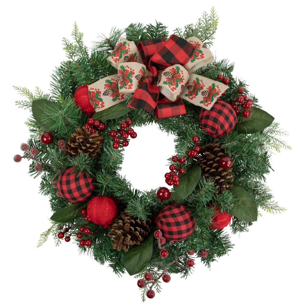 Specialty Wreaths | Pine Artificial Christmas Wreath with Bows and Plaid Ornaments – 24" – Unlit Specialty Wreaths Specialty Wreaths