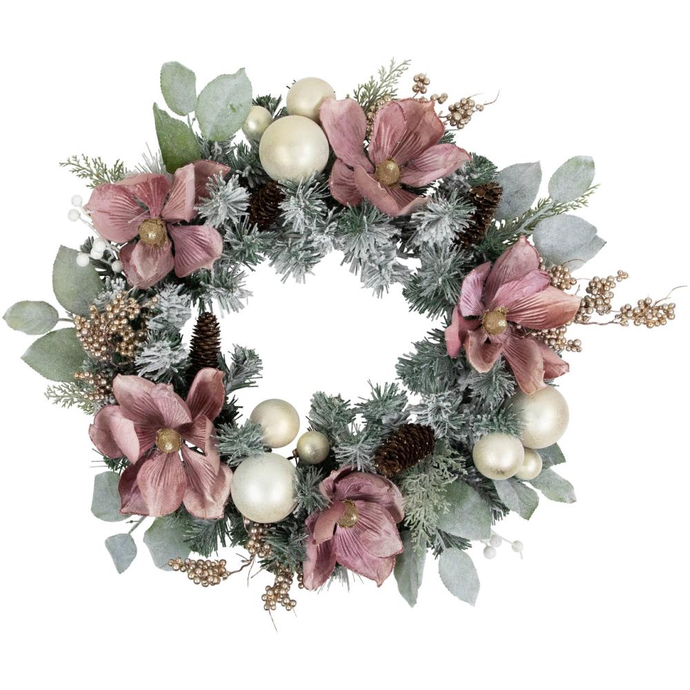 Specialty Wreaths | Pink Floral and Ball Ornament Frosted Pine Artificial Christmas Wreath, 24-Inch, Unlit Frosted, Flocked, Iced Wreaths Frosted, Flocked, Iced Wreaths