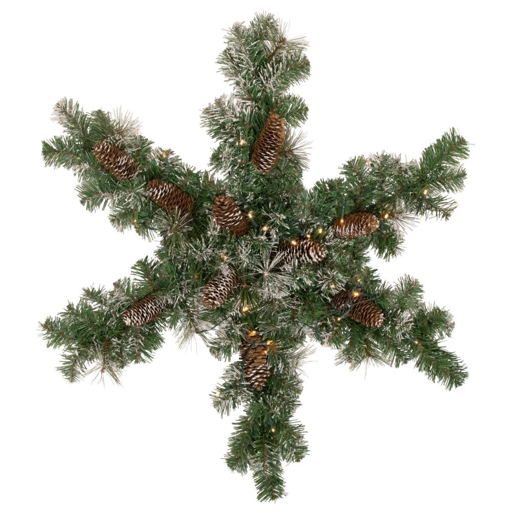 Specialty Wreaths | Pre-Lit Battery Operated Frosted Mixed Pine Christmas Snowflake Wreath – 32" – Warm White LED Lights Specialty Wreaths Specialty Wreaths