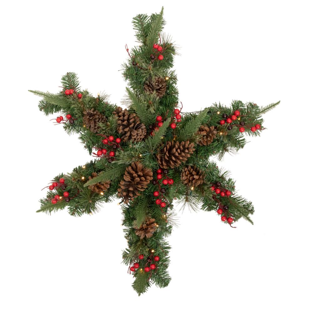 Specialty Wreaths | Pre-Lit Battery Operated Mixed Pine and Berries Christmas Snowflake Wreath – 32" – Warm White LED Lights Specialty Wreaths Specialty Wreaths