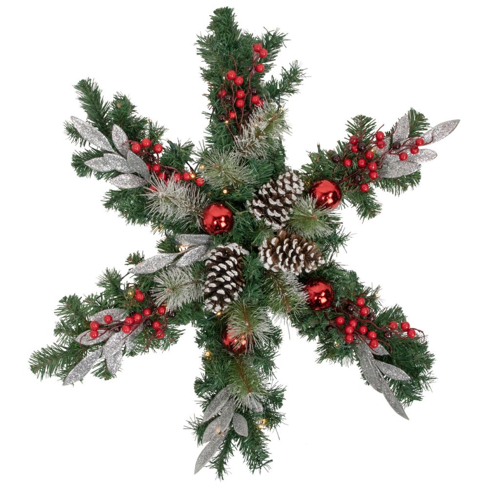 Specialty Wreaths | Pre-Lit Battery Operated Pine and Berries Snowflake Christmas Wreath – 32" – Warm White LED Lights Specialty Wreaths Specialty Wreaths