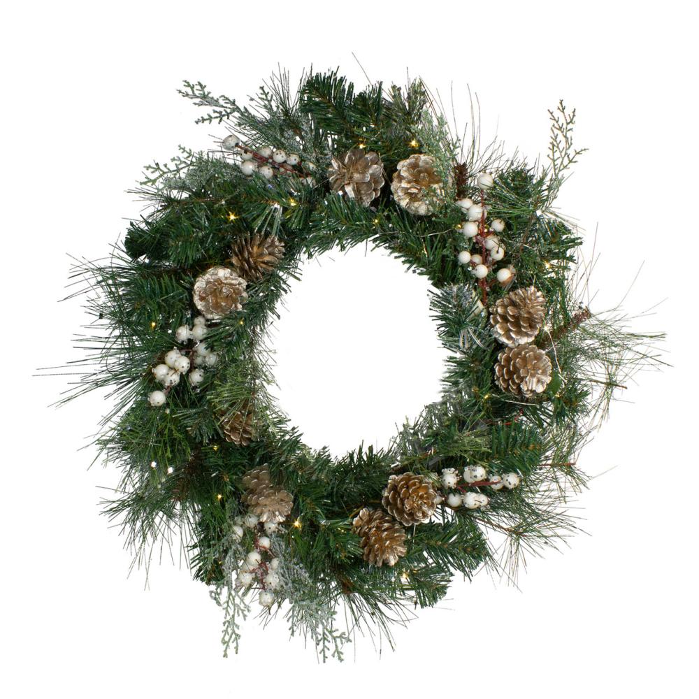 Specialty Wreaths | Pre-Lit Battery Operated Pine Cone and Berry Mixed Pine Christmas Wreath – 22" – Clear LED Lights Pre-Lit Wreaths Pre-Lit Wreaths