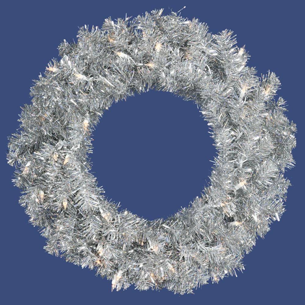 Specialty Wreaths | Pre-Lit Sparkling Silver Artificial Christmas Wreath – 24-Inch, Clear Lights Pre-Lit Wreaths Pre-Lit Wreaths