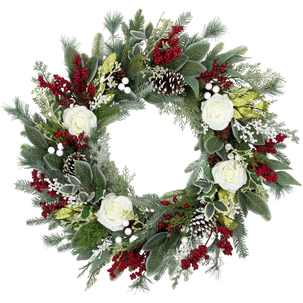 Specialty Wreaths | Real Touch™️ Mixed Foliage and Roses Artificial Christmas Wreath 30" – Unlit Specialty Wreaths Specialty Wreaths