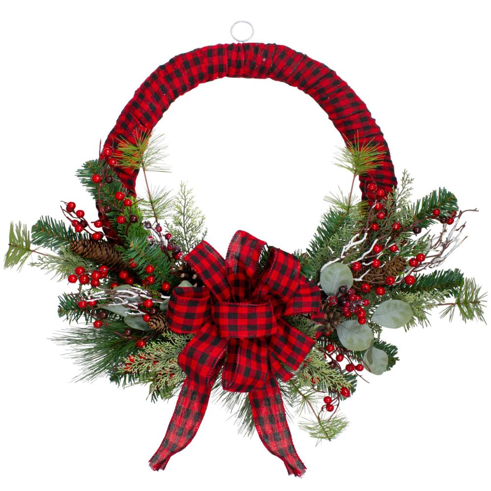 Specialty Wreaths | Red and Black Buffalo Plaid and Berry Artificial Christmas Wreath – 24-Inch, Unlit Specialty Wreaths Specialty Wreaths