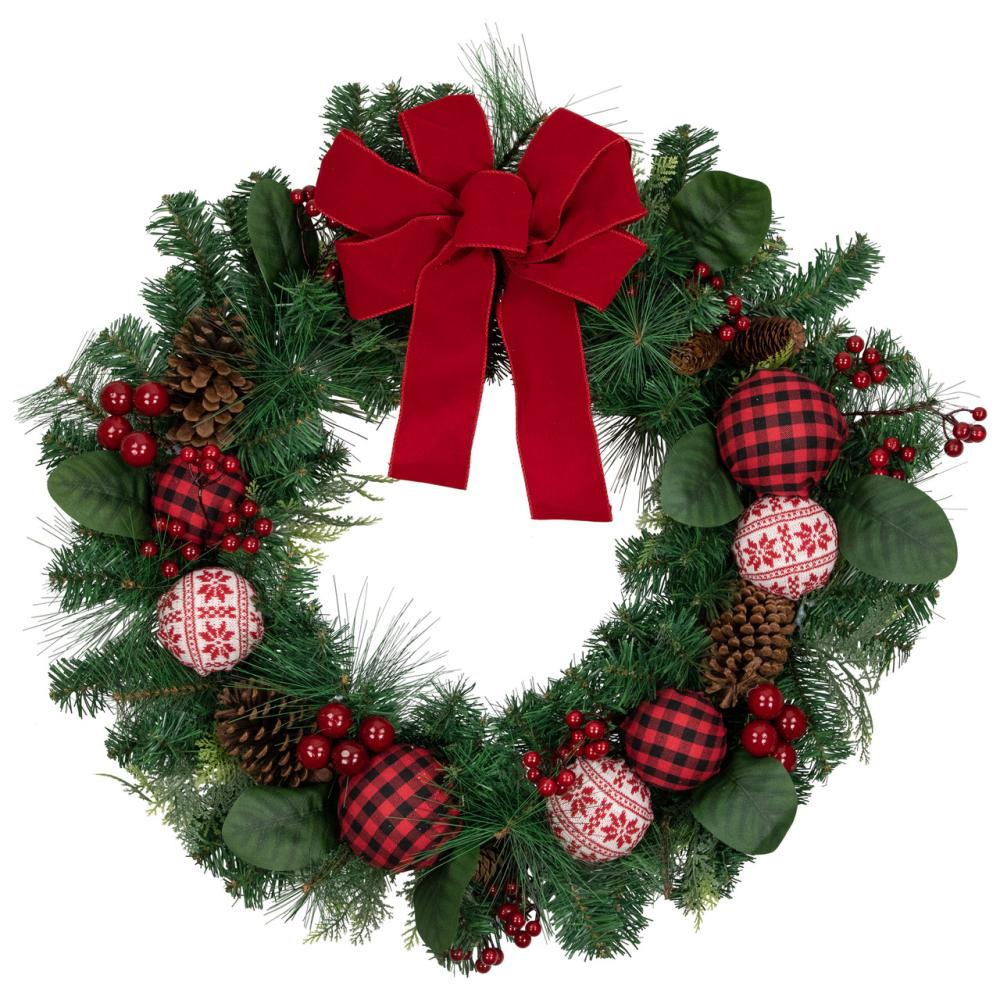 Specialty Wreaths | Red Bow and Mixed Foliage Artificial Christmas Wreath with Ornaments, 30-Inch Specialty Wreaths Specialty Wreaths