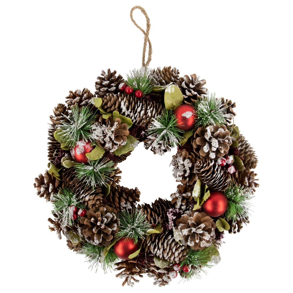 Specialty Wreaths | Red Ornament with Frosted Pinecone and Pine Needle Christmas Wreath, 13.5-Inch, Unlit Specialty Wreaths Specialty Wreaths