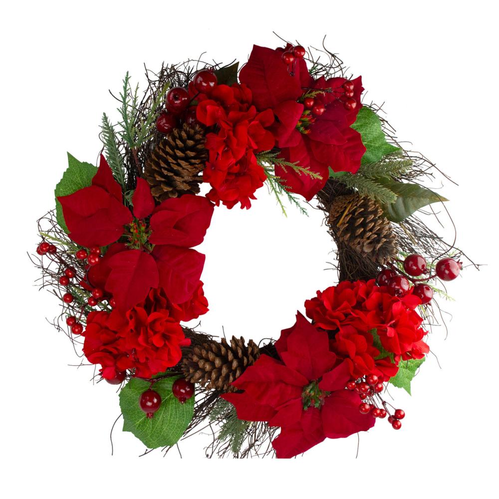 Specialty Wreaths | Red Poinsettia and Hydrangea Flowers with Berries Artificial Christmas Wreath – 24-Inch, Unlit Specialty Wreaths Specialty Wreaths