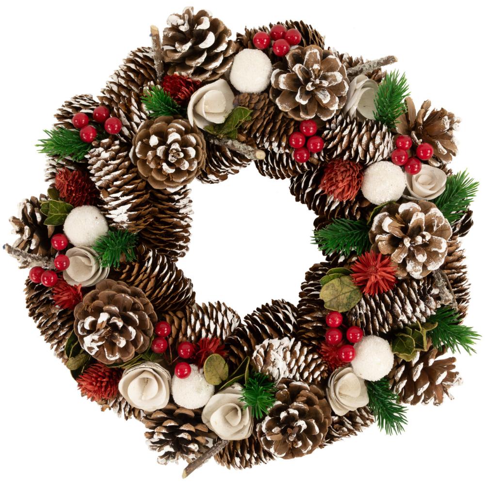 Specialty Wreaths | White Wooden Rose and Pine Cone Artificial Christmas Wreath – 14" – Unlit Specialty Wreaths Specialty Wreaths