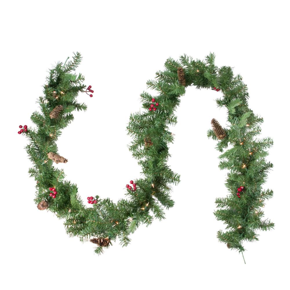 Traditional Pine Garland | Real Touch™️ Pre-Lit Noble Fir with Berries Artificial Christmas Garland – 9′ x 10" – Clear Lights Garland Pre-Lit Garland