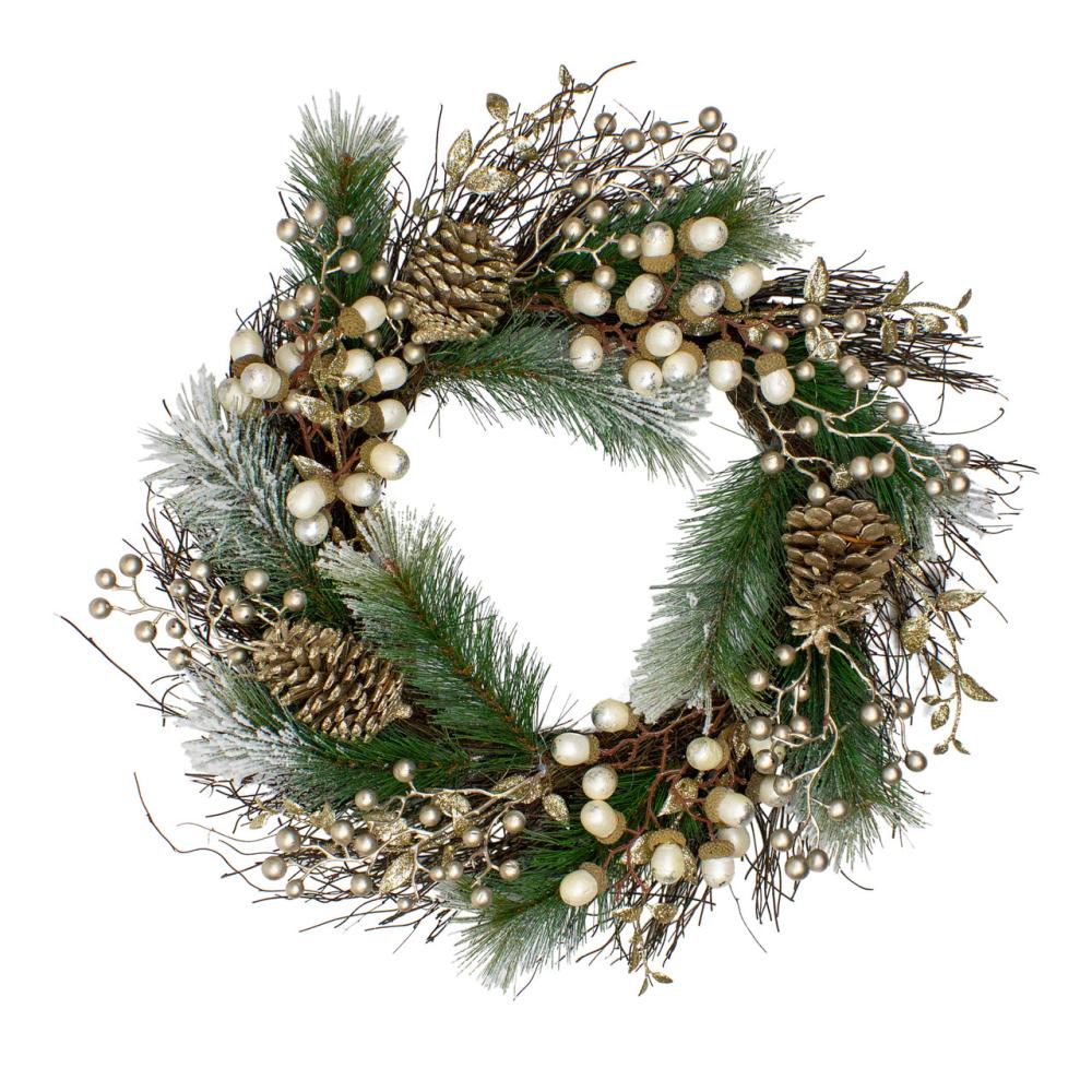 Traditional Pine Wreaths | Acorn and Pine Cone Flocked Pine Needle Artificial Christmas Wreath – 22-Inch, Unlit Frosted, Flocked, Iced Wreaths Frosted, Flocked, Iced Wreaths