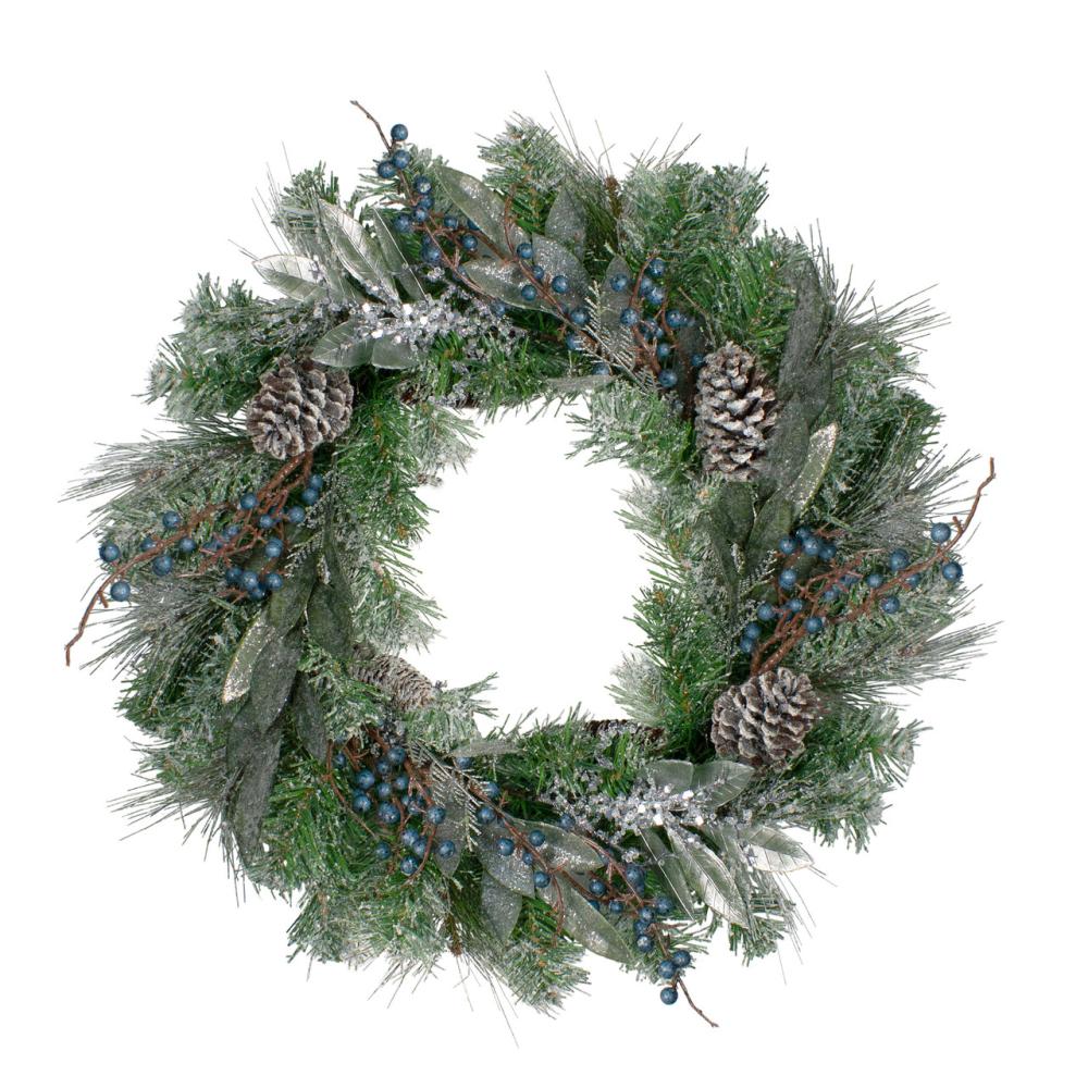 Traditional Pine Wreaths | Mixed Pine and Blueberries Artificial Christmas Wreath -24-Inch, Unlit Frosted, Flocked, Iced Wreaths Frosted, Flocked, Iced Wreaths