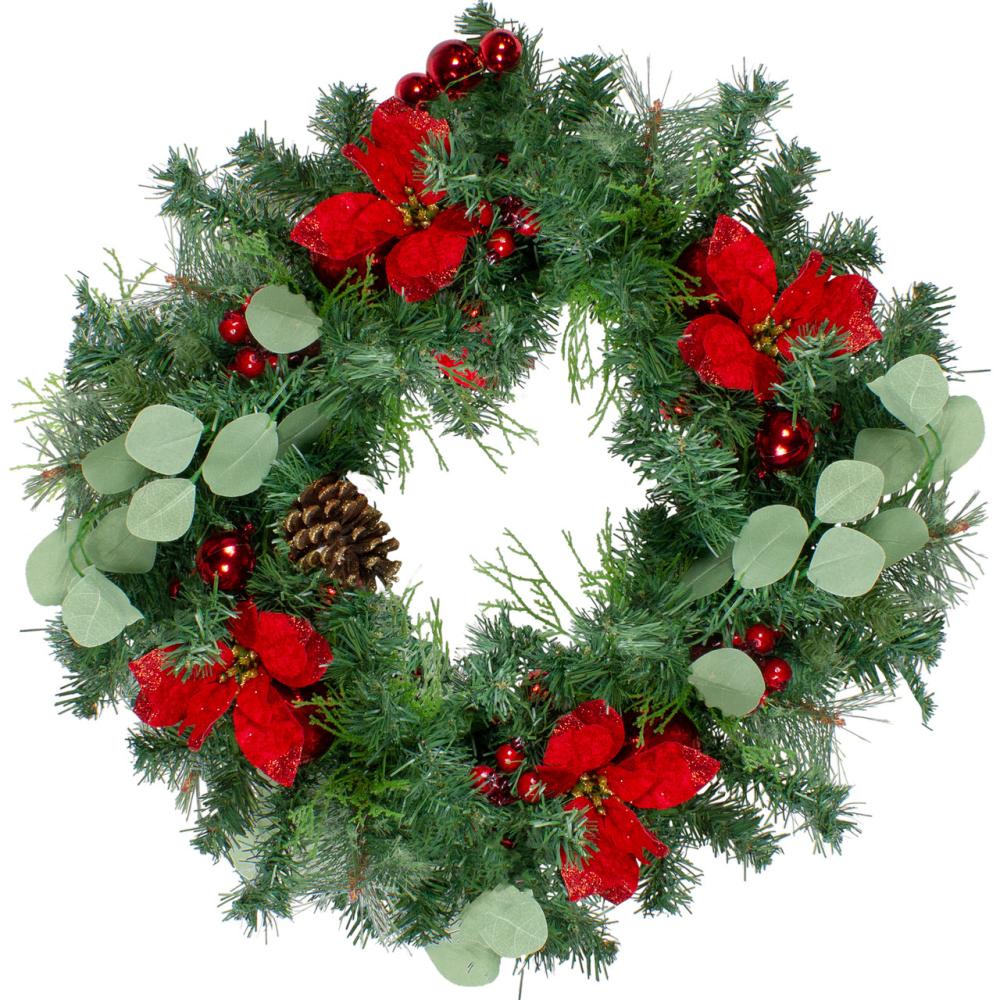 Traditional Pine Wreaths | Pre-Decorated Red Poinsettia and Ornaments Artificial Christmas Wreath – 24 inch, Unlit Specialty Wreaths Specialty Wreaths