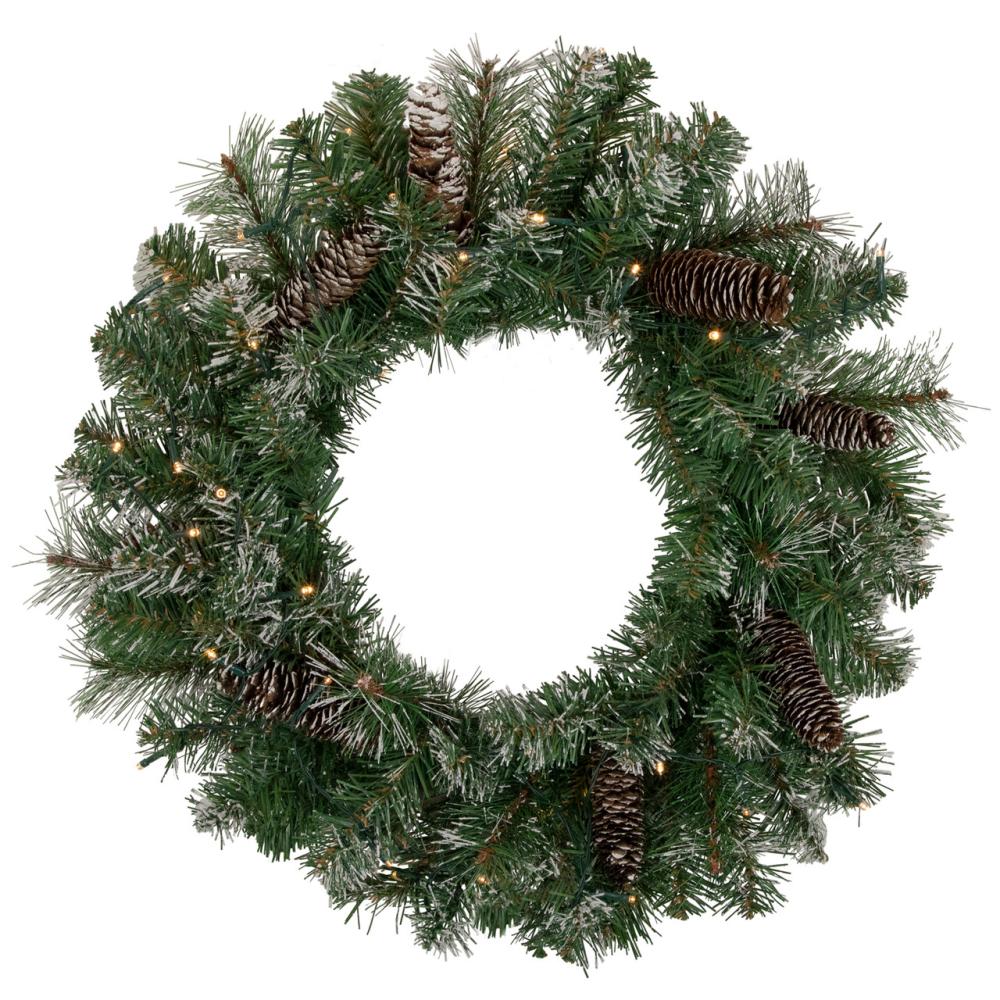 Traditional Pine Wreaths | Pre-Lit Battery Operated Frosted Pine Christmas Wreath – 24" – Warm White LED Lights Specialty Wreaths Specialty Wreaths