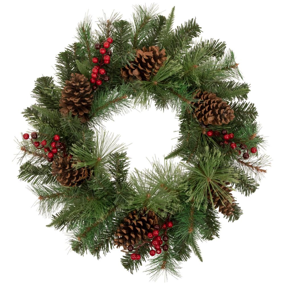 Traditional Pine Wreaths | Pre-Lit Battery Operated Mixed Pine and Berries Christmas Wreath – 24" – Warm White LED Lights Specialty Wreaths Specialty Wreaths