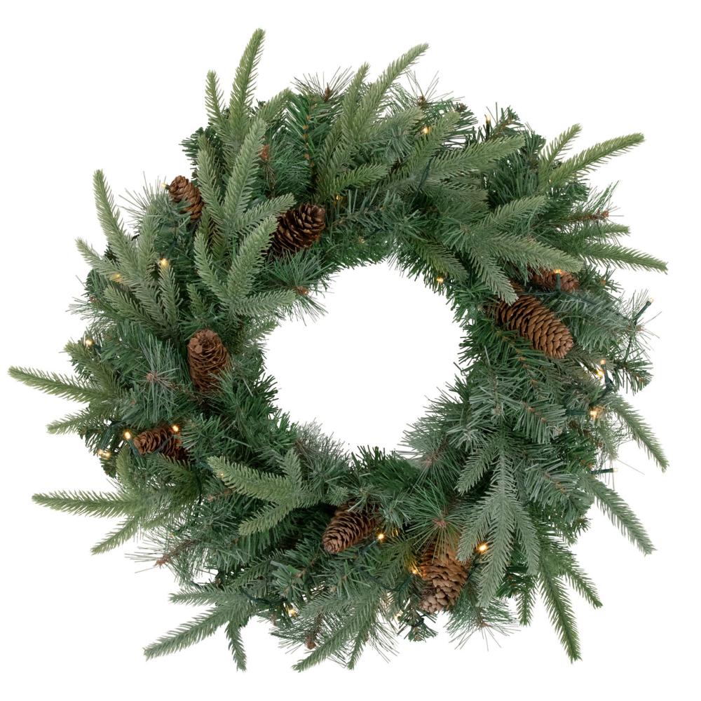 Traditional Pine Wreaths | Pre-Lit Battery Operated Mixed Pine and Pine Cone Christmas Wreath – 24" – Warm White LED Lights Specialty Wreaths Specialty Wreaths