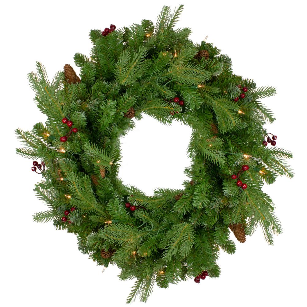 Traditional Pine Wreaths | Real Touch™️ Pre-Lit Mixed Winter Berry Pine Artificial Christmas Wreath – 24" – Clear Lights Pre-Lit Wreaths Pre-Lit Wreaths