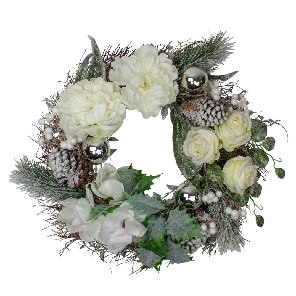 Traditional Pine Wreaths | White and Silver Floral Flocked Pine Artificial Grapevine Christmas Wreath – 24-Inch, Unlit Frosted, Flocked, Iced Wreaths Frosted, Flocked, Iced Wreaths