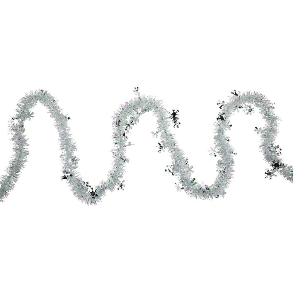 Unlit Garland | 12′ x 3" White Iridescent and Silver Snowflakes Christmas Tinsel Garland – Unlit Classic Tinsel Garland Classic Tinsel Garland