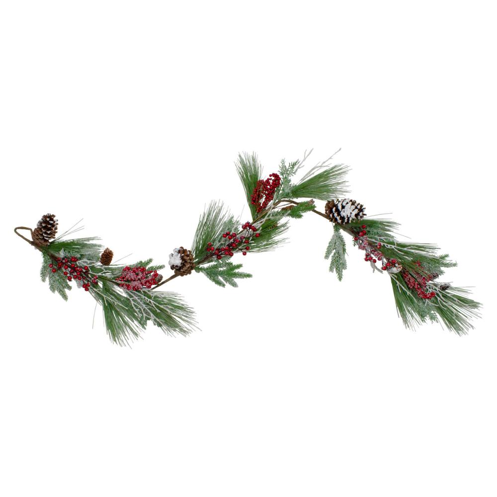 Unlit Garland | 5.75′ x 7" Green and Red Frosted Berries and Pinecones Artificial Christmas Garland – Unlit Frosted, Flocked, Iced Garland Frosted, Flocked, Iced Garland