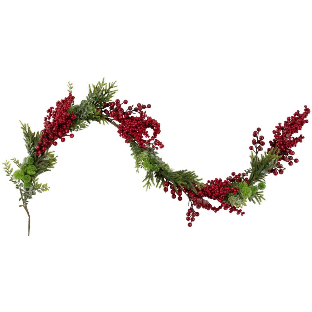 Unlit Garland | 5′ x 12" Red Berry and Frosted Pine Christmas Garland – Unlit Berry Garland Berry Garland