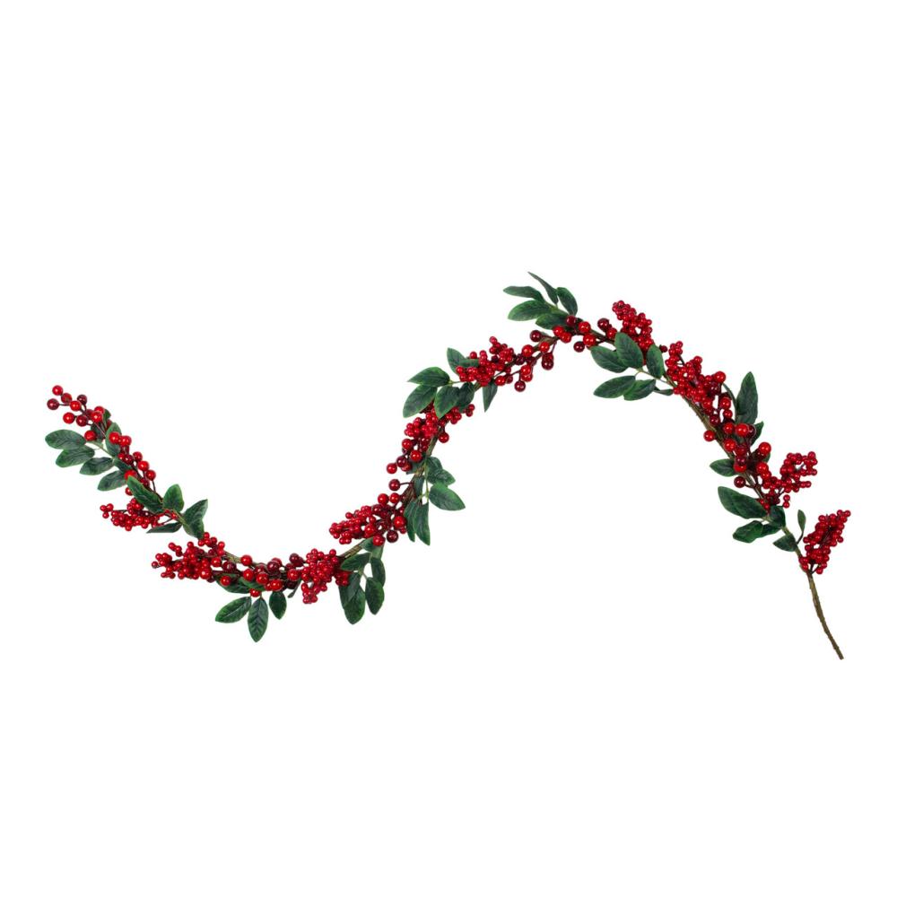 Unlit Garland | 5′ x 3.25" Red Berries with Leaves Artificial Christmas Garland, Unlit Berry Garland Berry Garland