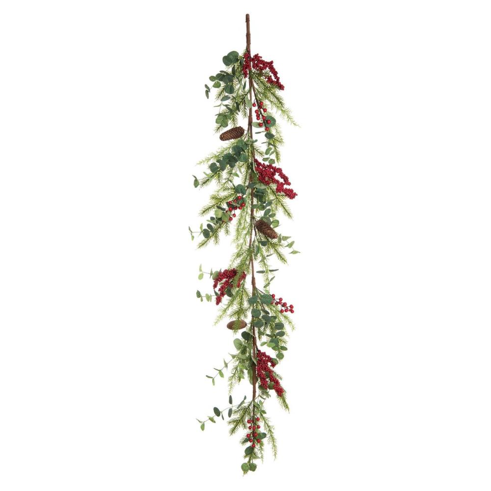 Unlit Garland | 5′ x 3" Green and Red Artificial Christmas Eucalyptus Berry Garland, Unlit Garland Unlit Garland