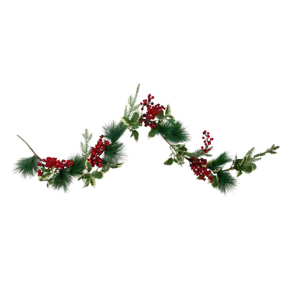 Unlit Garland | 5′ x 5" Holly and Pine Springs Artificial Christmas Garland – Unlit Berry Garland Berry Garland