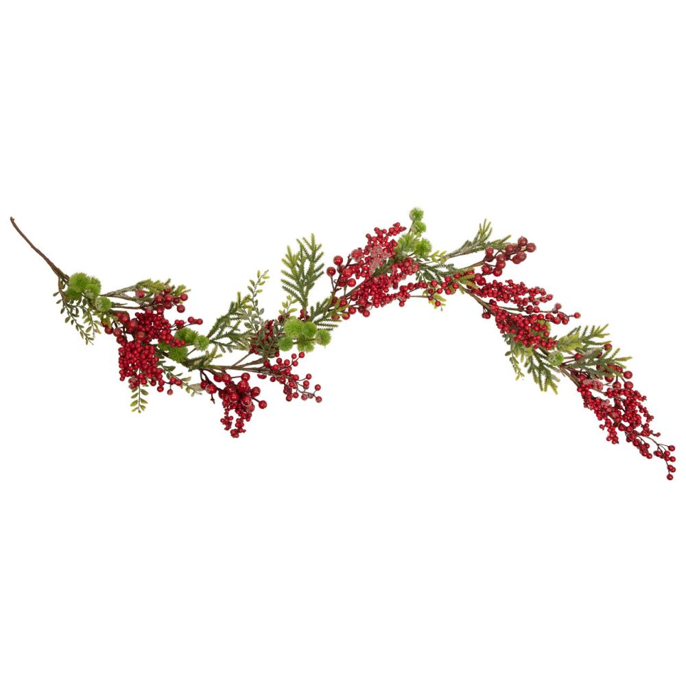 Unlit Garland | 5′ x 8" Frosted Pine and Red Berry Christmas Garland – Unlit Berry Garland Berry Garland