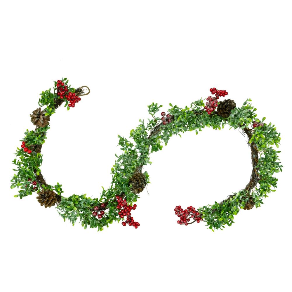 Unlit Garland | 6′ Glittered Artificial Boxwood, Pine Cone and Red Berry Christmas Garland- Unlit Garland Specialty Garland