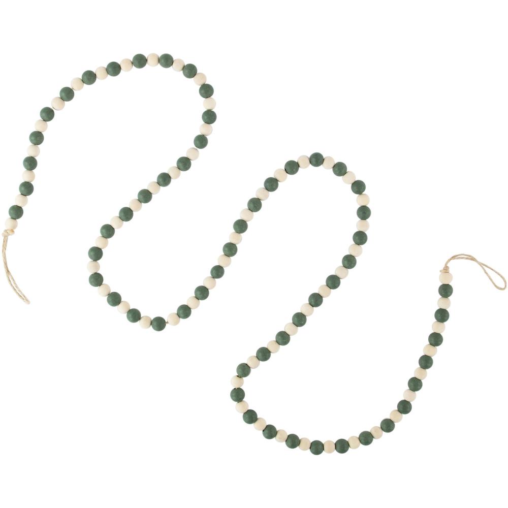 Unlit Garland | 6′ Green and Cream Wooden Beads Christmas Garland, Unlit Beaded Garland Beaded Garland